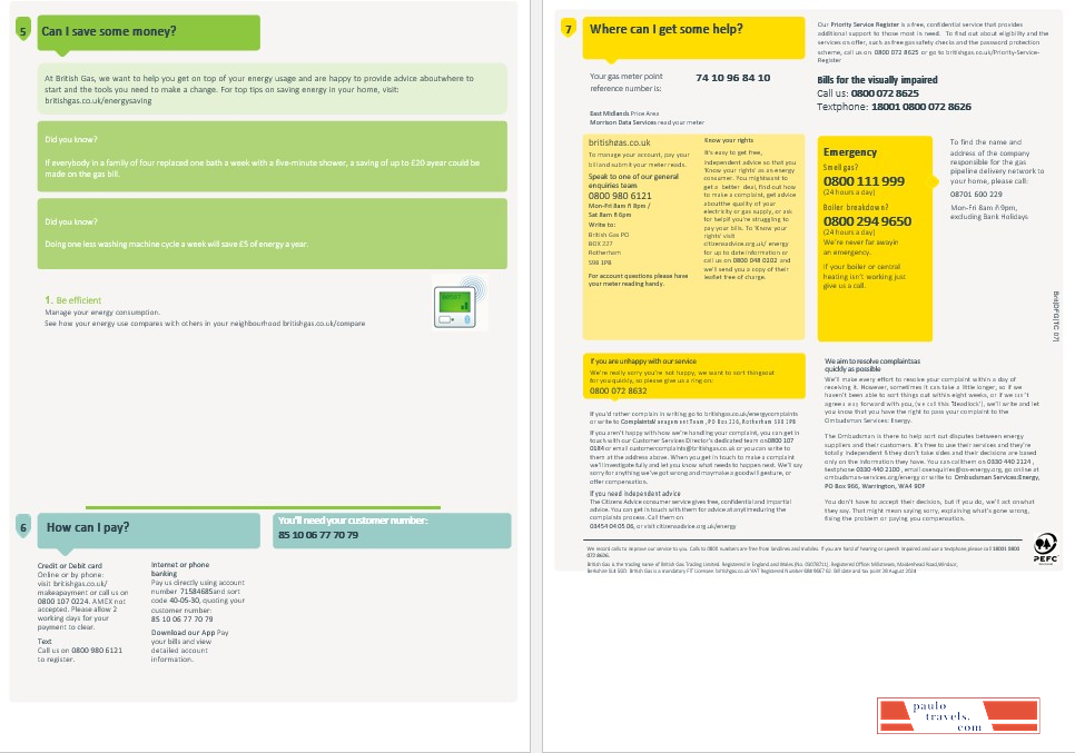 United Kingdom British Gas business utility bill, Word and PDF template, 4 pages 3 4 PSD template